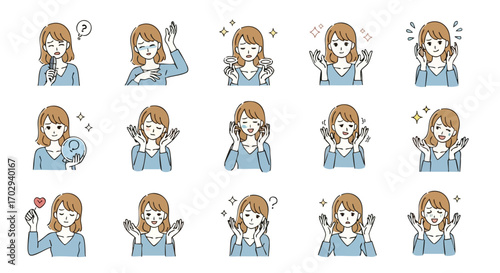 Expressive woman showcasing diverse emotions from joy to concern with engaging facial expressions