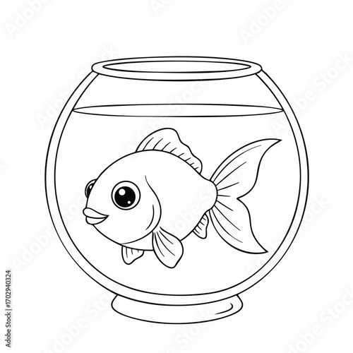 Cute cartoon goldfish swimming inside a round glass fishbowl filled with water in a simple black and white line art style