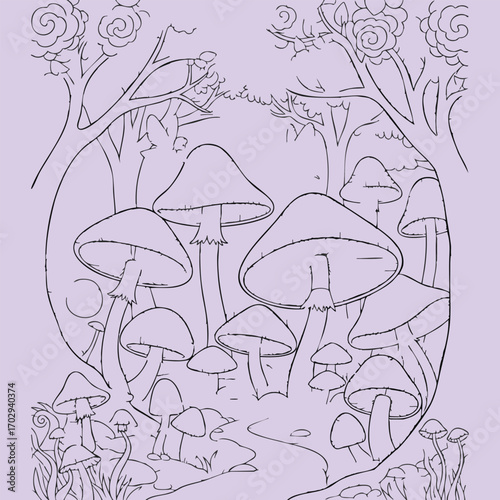 Detailed black and white line art of various mushrooms growing in a forest with trees and foliage surrounding a winding path