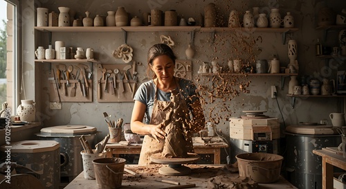 Focused artisan shaping clay sculpture with dynamic splatter in rustic pottery studio setting