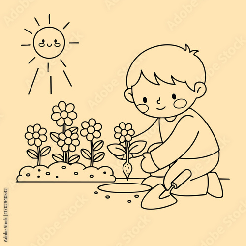A cheerful child planting a young flower in a garden under a smiling sun on a bright day with gardening tools nearby