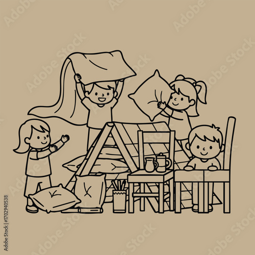 Children happily building a cozy indoor fort using pillows, blankets, and furniture in a playful environment