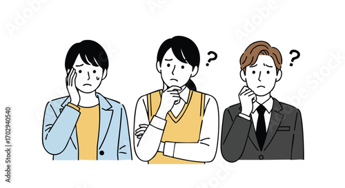 Three diverse professionals ponder challenges with worried expressions and question marks above
