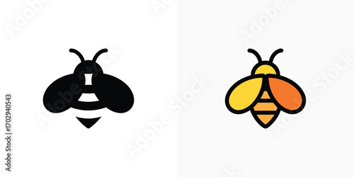 Two Honey Bee Icons One Black Silhouette, One Colored with Yellow and Orange