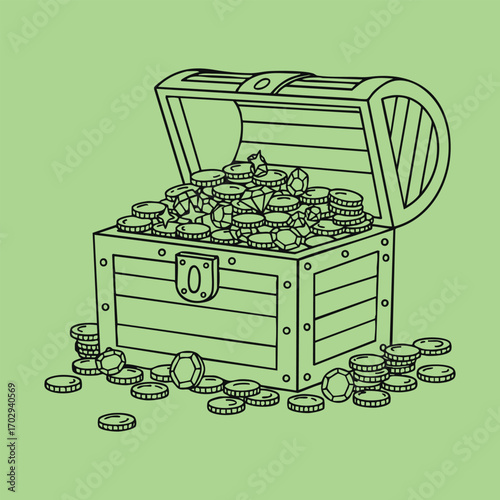 Illustration of an open wooden treasure chest filled with coins and gems spilling onto the ground on a green background