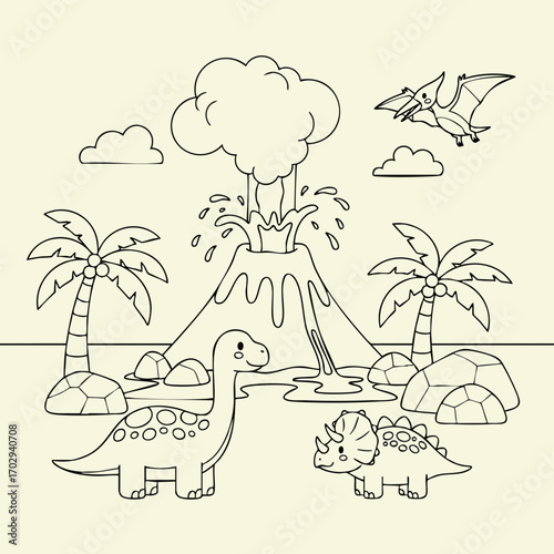 Line art illustration of two dinosaurs near an erupting volcano with palm trees, rocks, and a flying pterosaur in the prehistoric landscape