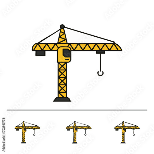 A vibrant yellow tower crane icon, outlined in black, is displayed with three smaller identical versions, symbolizing modern construction and building.