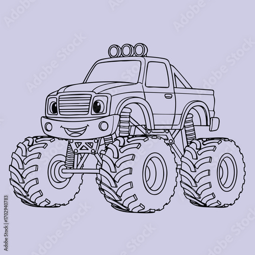 Black and white line drawing of a smiling monster truck with oversized tires and suspension details on a plain background