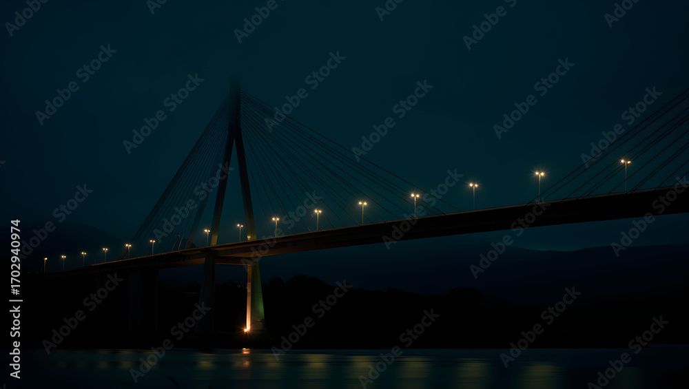 Fototapeta premium Illuminated Cable Stayed Bridge Over Water at Night image