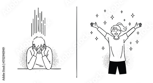 From despair to pure joy, illustrating emotional transformation and personal growth with contrasting scenes.