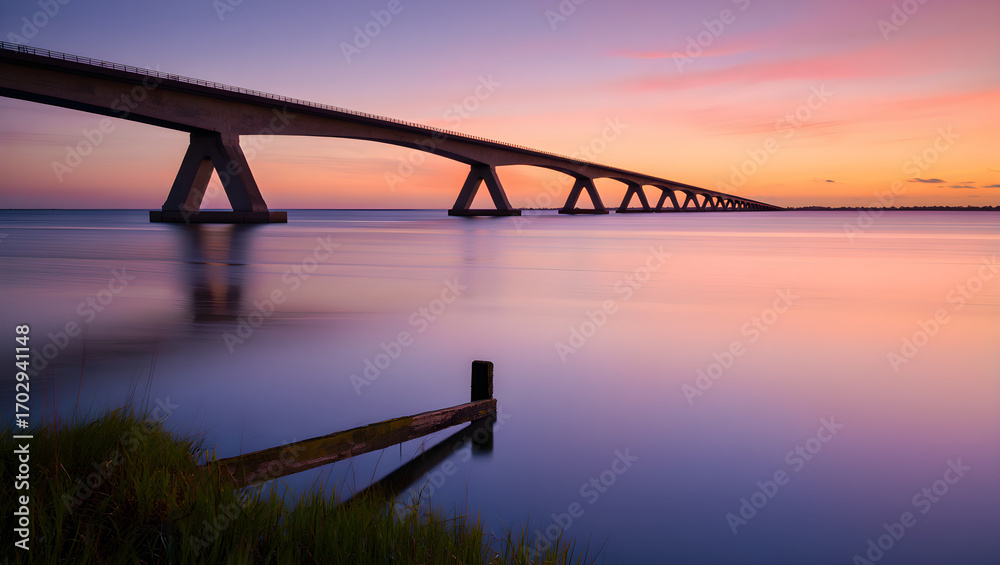 Naklejka premium Long concrete bridge over calm water at sunset with pink sky image