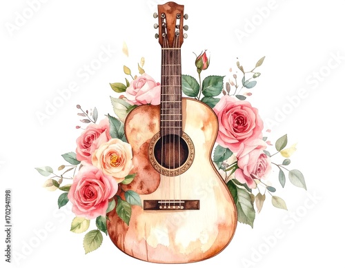 Watercolor guitar surrounded by roses