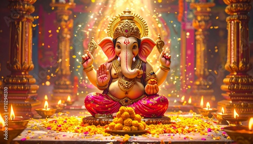 Wallpaper Mural Hindu god Ganesha statue, vibrant temple setting, golden glow Torontodigital.ca