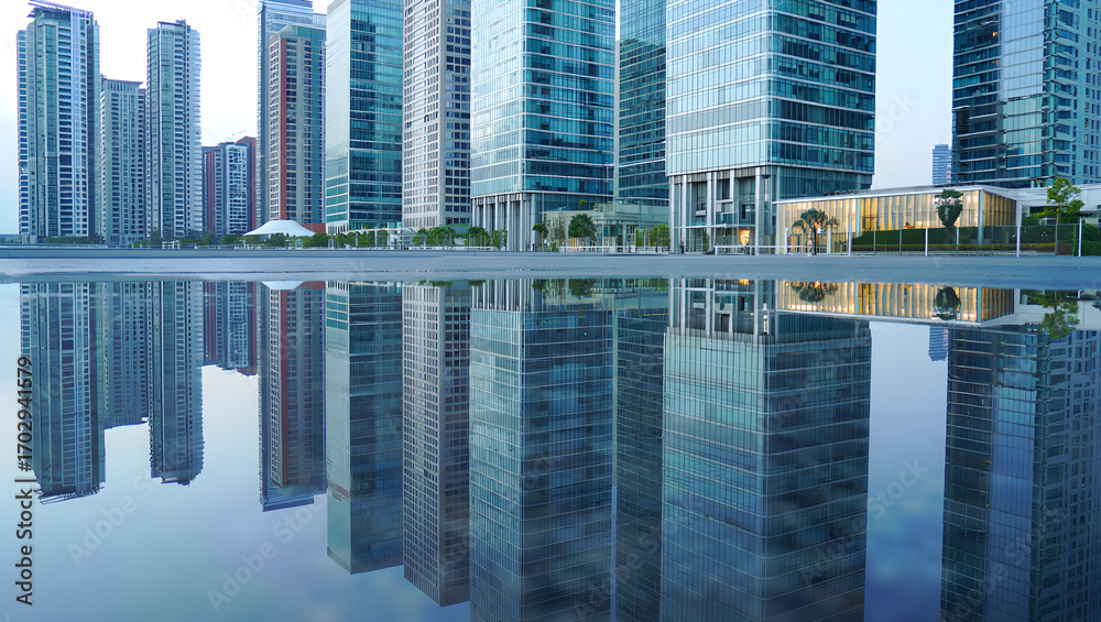 Obraz premium Modern glass skyscrapers reflected in still water at dusk city urban