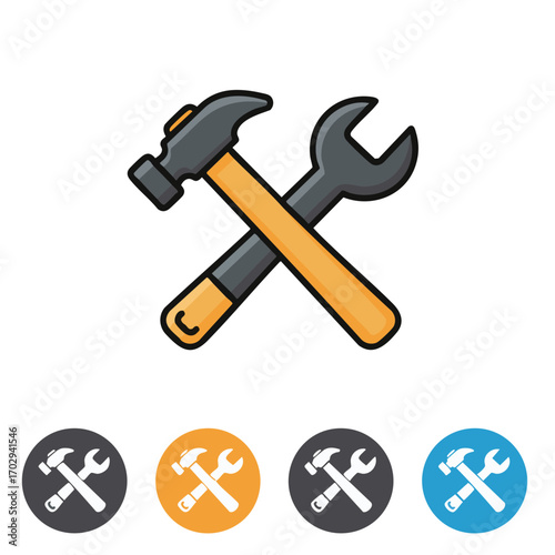 A colorful cartoon vector icon depicting a crossed hammer and wrench, representing essential tools for repair, construction, maintenance, and technical service solutions.