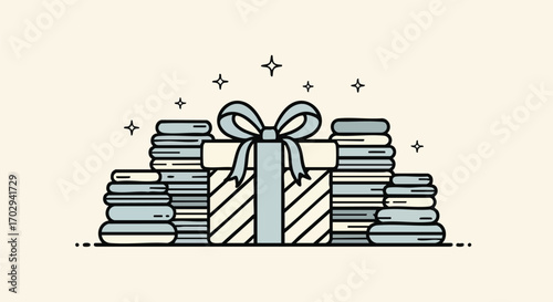 A beautifully wrapped gift box awaits between stacks of luxurious towels, perfect for spa or home decor