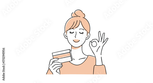 Young woman happily holding credit card and showing OK sign, perfect for finance and shopping themes