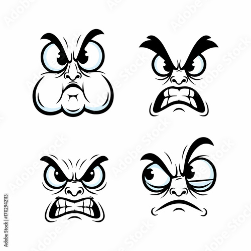 Four cartoon faces expressing various degrees of anger, frustration, and annoyance, showcasing a range of intense emotions.