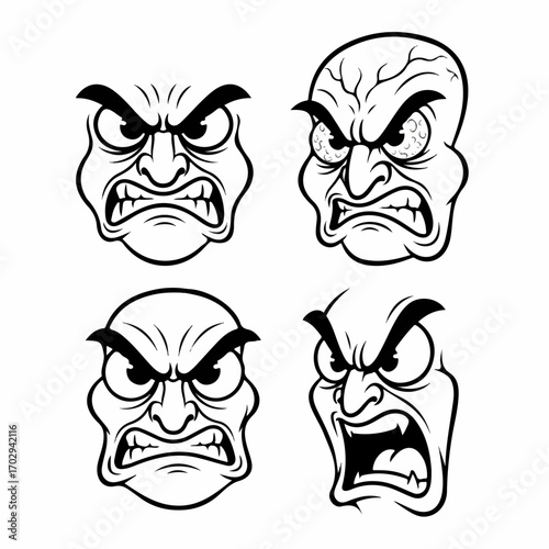 Four angry cartoon faces express intense rage with varying expressions and levels of detail, showcasing a range of furious emotions.