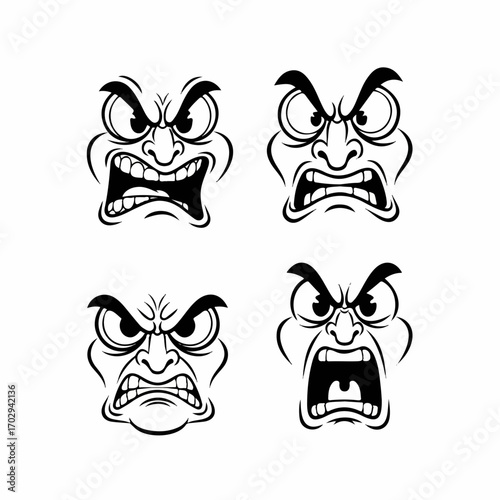Four angry cartoon faces with varying expressions of rage, showcasing intense fury and frustration against a plain white background.