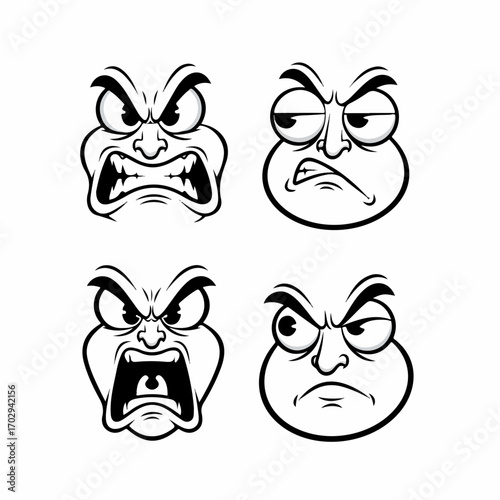 Four cartoon faces expressing varying degrees of anger and frustration, ranging from furious rage to simmering resentment.