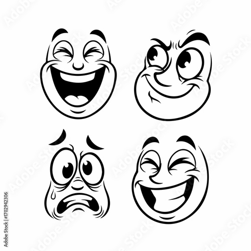 Four cartoon faces display a range of emotions: joyous laughter, mischievous smirking, anxious worry, and playful winking.