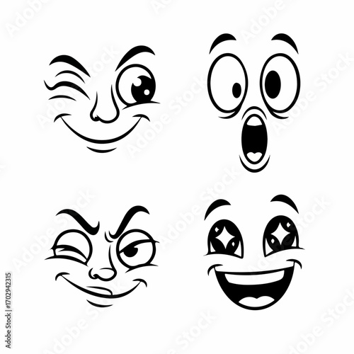 Four playful cartoon faces express a range of emotions, from winking mischief to wide-eyed surprise, in a simple black and white style.