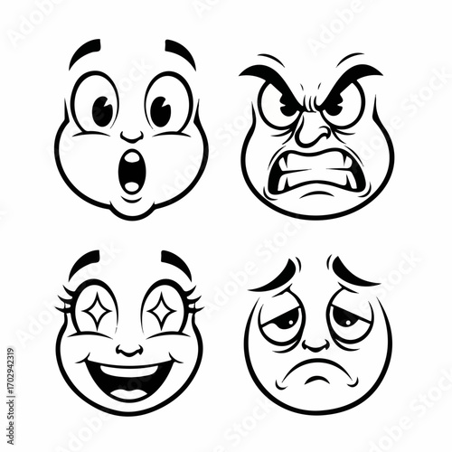 Four cartoon faces express surprise, anger, joy, and sadness, showcasing a range of human emotions in a vintage style.