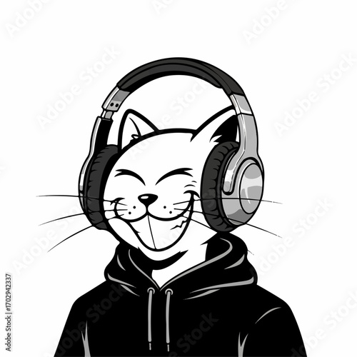 A joyful cartoon cat, wearing headphones and a hoodie, blissfully enjoys listening to music.