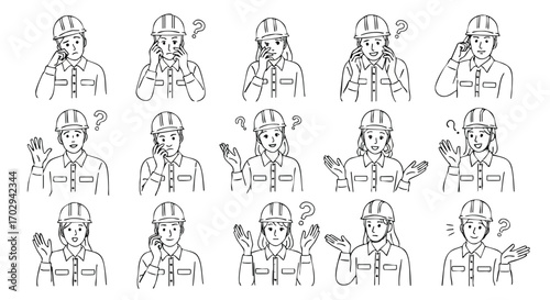 Diverse construction workers express confusion, questions, and communication challenges with gestures and phones.