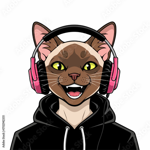A joyful Siamese cat, wearing pink headphones and a black hoodie, enjoys listening to music with an upbeat expression.