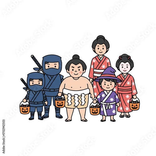 Illustration of a diverse group of people dressed in various costumes, including ninja, sumo wrestler, and kimono outfits, holding jack-o-lanterns for Pumpkin Spice Season against a clean
