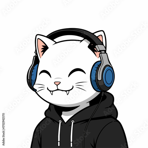 A cheerful white cat wearing blue headphones and a black hoodie enjoys listening to music.