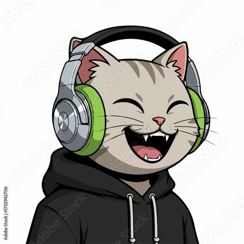 A joyful tabby cat, wearing headphones and a hoodie, beams with happiness while enjoying music.