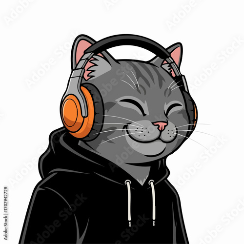A contented grey tabby cat, wearing a black hoodie and orange headphones, serenely enjoys listening to music.