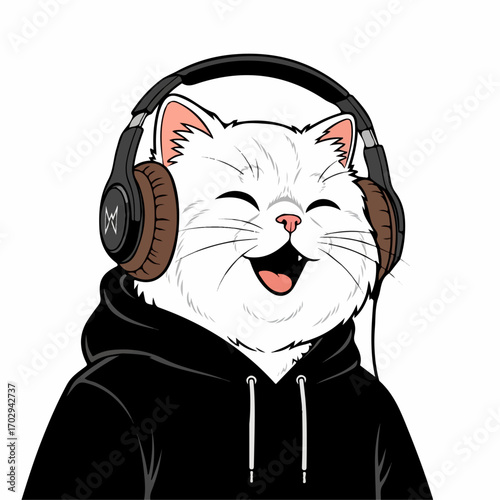 A joyful white cat wearing headphones and a black hoodie, happily listening to music against a clean white background.