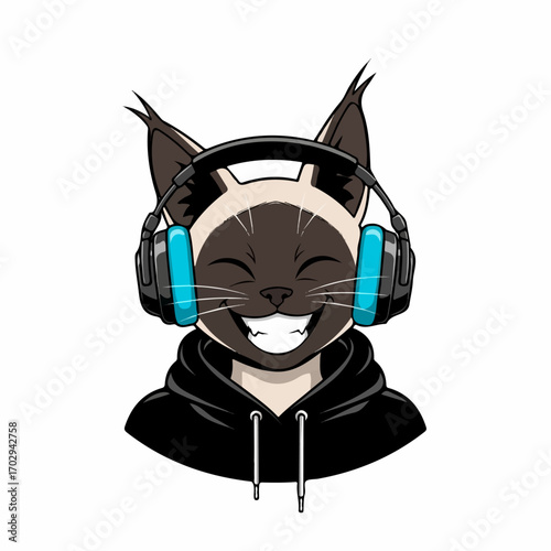 A joyful Siamese cat, wearing headphones and a hoodie, beams with happiness, enjoying its music.