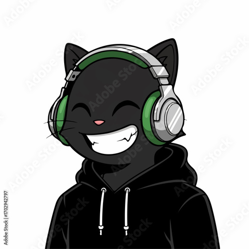 A joyful black cat wearing headphones and a hoodie smiles broadly, enjoying music against a white background.