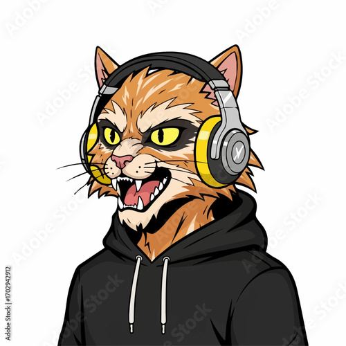 An angry ginger cat wearing headphones and a black hoodie roars intensely, conveying a rebellious and edgy mood.