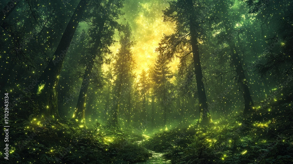 Obraz premium Magical enchanted forest with fireflies and stream.