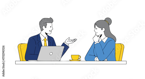 Confident business professionals collaborating on project, discussing ideas over coffee in modern office setting