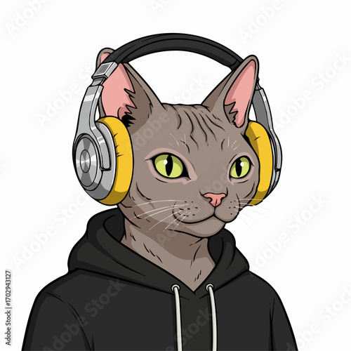 A cool Sphynx cat wearing headphones and a hoodie listens intently to music, creating a chill and stylish vibe.
