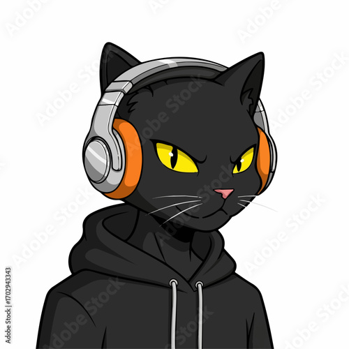 A cool black cat, wearing headphones and a hoodie, listens intently to music, exuding an air of confident coolness.