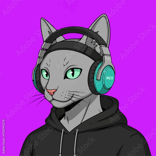 A cool gray cat, wearing headphones and a hoodie, listens intently against a vibrant purple background, conveying a vibe of urban coolness.