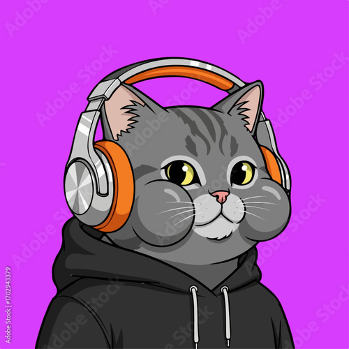 A grey tabby cat wearing orange headphones and a black hoodie enjoys listening to music against a vibrant purple background.