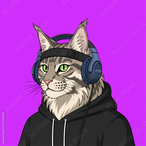 A cool Maine Coon cat wearing headphones and a hoodie listens to music against a vibrant purple background.