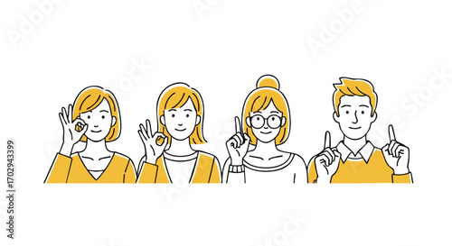 Diverse team celebrates success with positive gestures and bright ideas in modern style