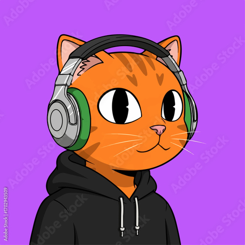 A chill orange tabby cat wearing headphones and a black hoodie enjoys listening to music against a purple background.