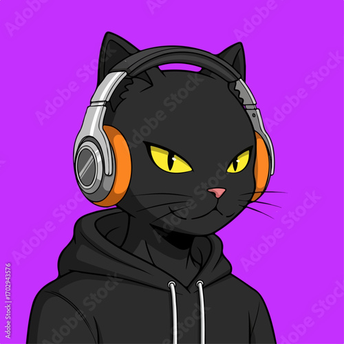 A cool black cat wearing headphones and a hoodie listens intently against a vibrant purple background.