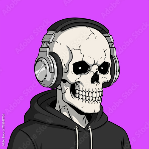 A skull wearing headphones and a hoodie enjoys music against a vibrant purple backdrop, conveying a stylishly spooky vibe.